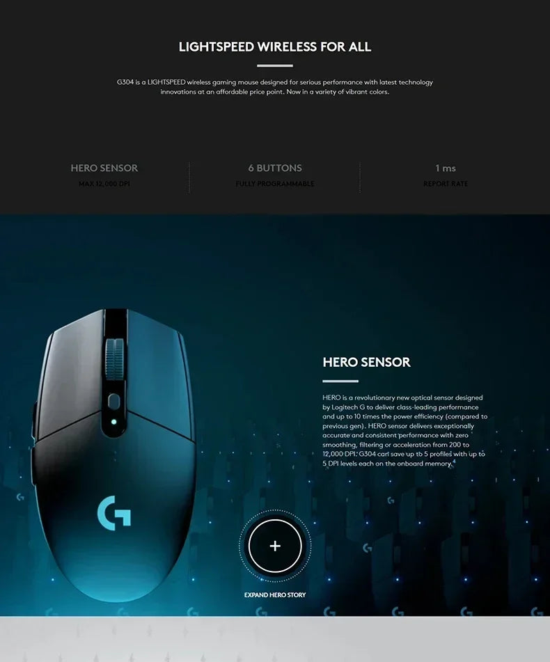 Logitech G305 wireless gaming mouse, HERO Sensor, 12000 DPI, for FPS and MBA games, office work, fast shipping